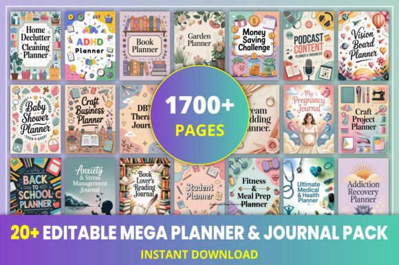 Download 20+Editable Mega Planner &amp; Journal Pack - Planner Collection